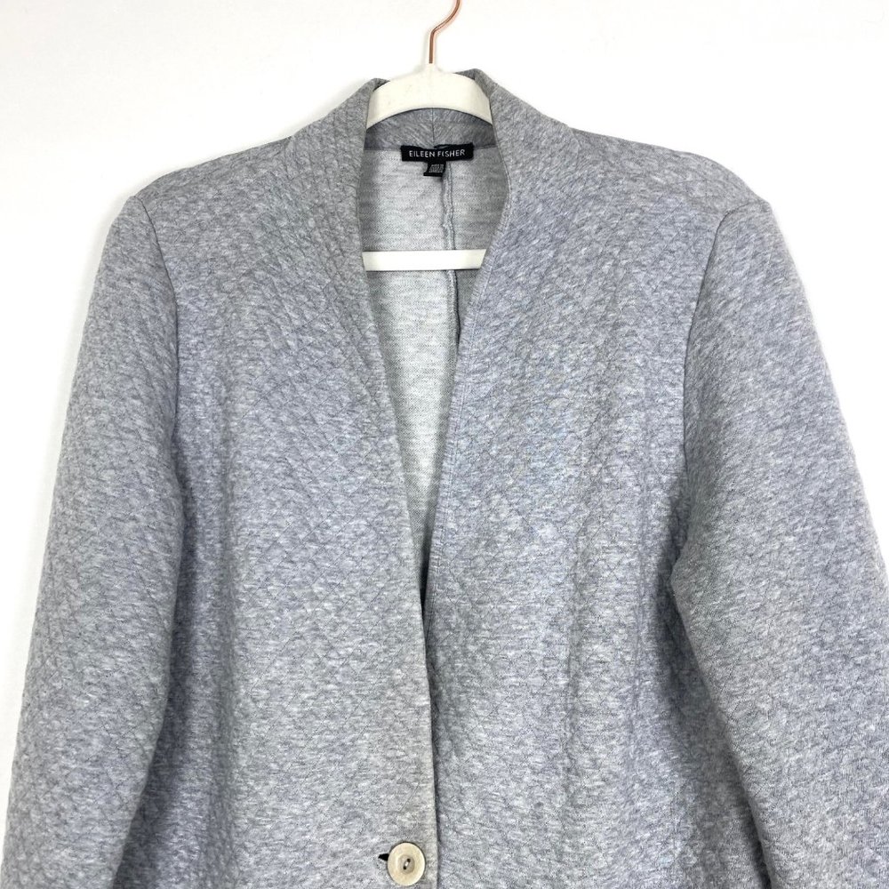 Eileen Fisher One Button Quilted Jacket Cardigan Sweater Grey - Picture 2 of 10
